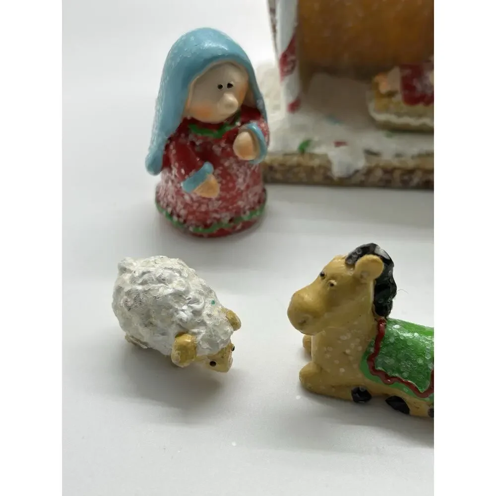 Merry Brite Nativity Gift‎ Set In Box With Gingerbread Stable And 8 Pieces